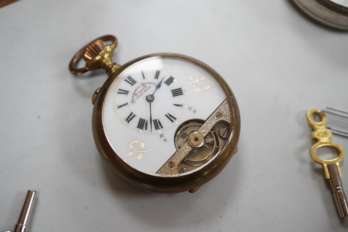 Five assorted early 20th century silver open faced fob watches, eight other continental white metal pocket and fob watches including two retailed by Kendall & Dent, four base metal pocket watches including cased Hebdomas